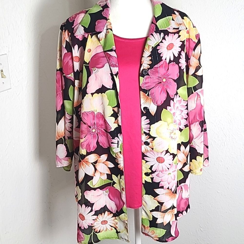 Gloria Lance Coordinated Blouse & Cami, Pink, Yellow, Green Flowers, Size 2X